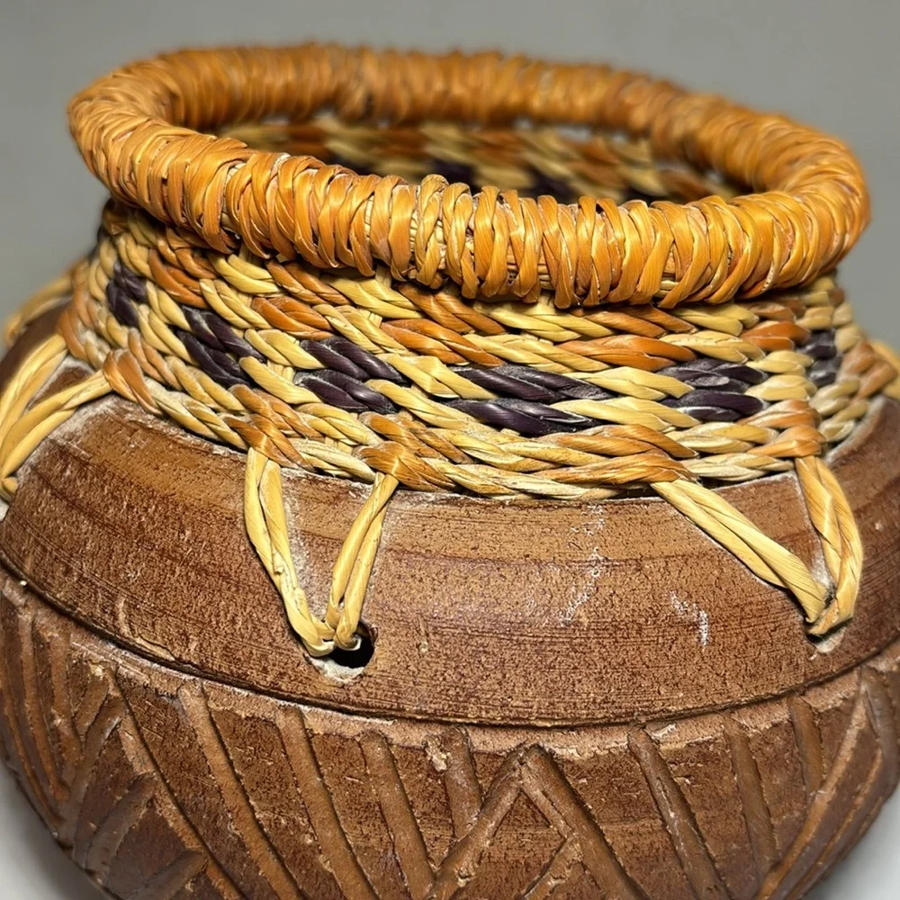 Pier 1 Clay Pot Handcrafted Woven Rattan/Straw Trim Around Rim Carved Clay Band
